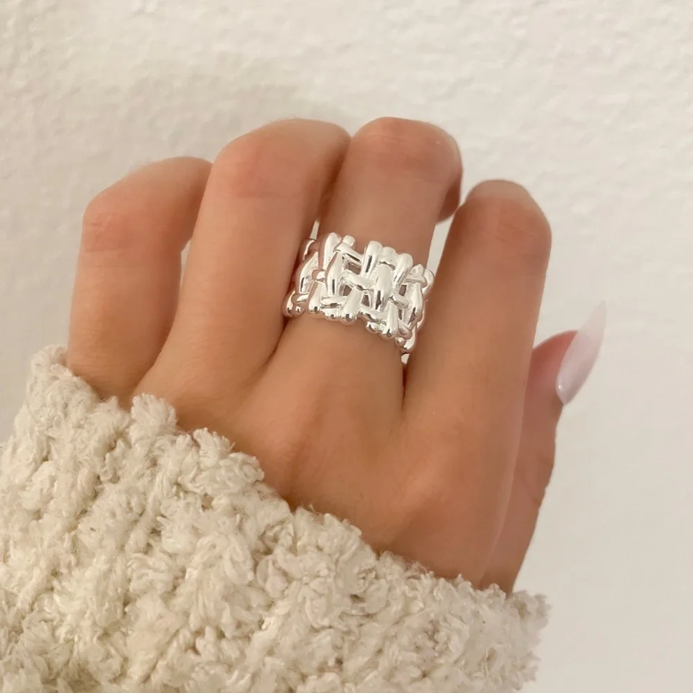 925 Sterling Silver Chunky Bold Statement Ring Thick Wide Ring Woven Ring Band - Picture 2 of 9